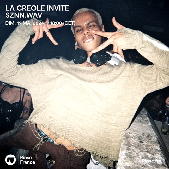 La Créole invite SZNN.WAV card: Oluwa with headphones round his neck, Rinse France