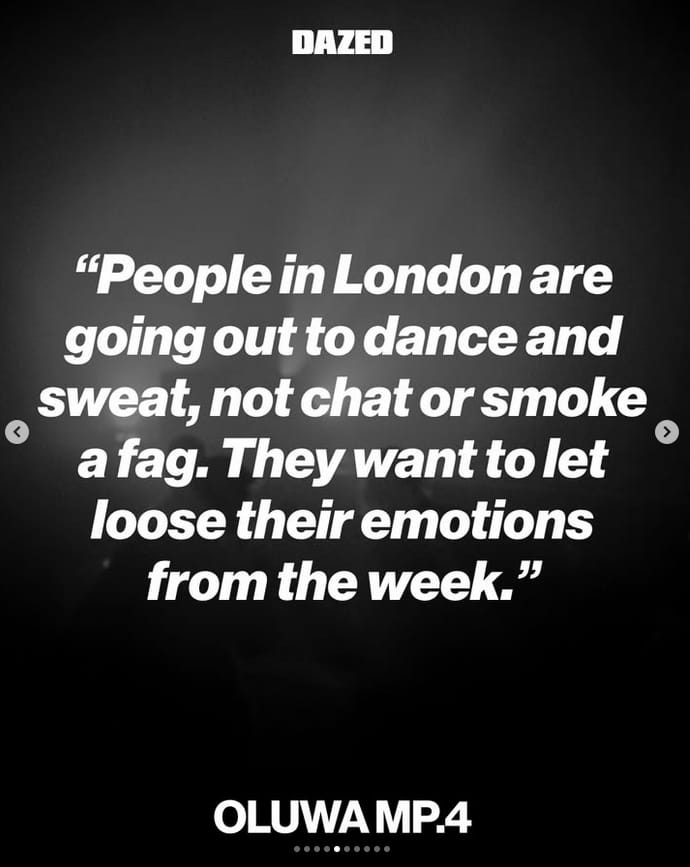 Dazed quote card: people in London are going out to dance and sweat